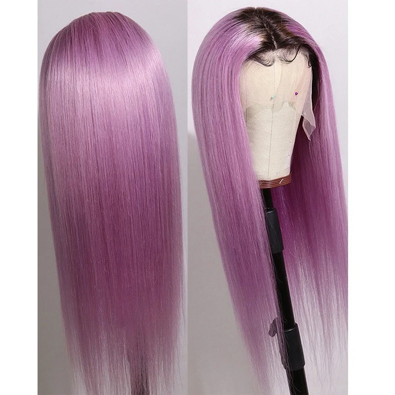 Ombre Purple Human Hair Wig Purple Straight Lace Front Wig With Baby Hair Brazilian Remy Transparent Lace Wigs For Women
