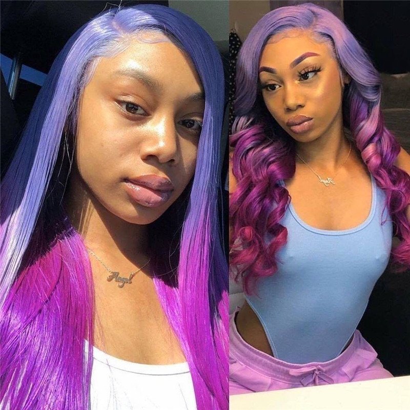 Light Purple Ombre Dark Purple Straight Wig Pre Plucked Lace Front Human Hair Wigs Brazilian Remy Blue 13x4 T Part LaceHuman Hair Wigs for Women