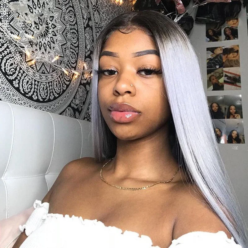 Ombre Grey Human Hair Wig Straight Long Wig Brazilian Remy 1B Grey Bob Wig Ombre Colored Human Hair Wigs For Women Pre Plucked