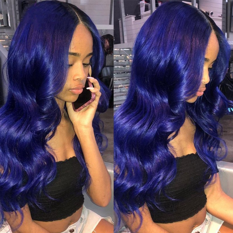 Dark Blue Body Wave Wavy Lace Front Pre Plucked With Baby Hair