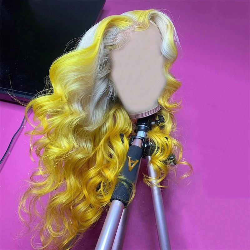 Ombre Grey Yellow Wig Human Hair Brazilian Body Wave Wig Remy Hair Ombre Colored Human Hair Wigs For Women Transparent Lace Wigs