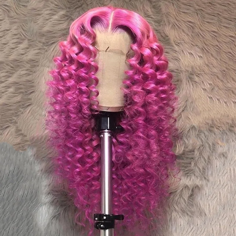 Hot Pink Color Culry Human Hair Wig Remy Brazilian Colored Wigs For Women Deep Curly Lace Front Wig Transparent Lace Wigs