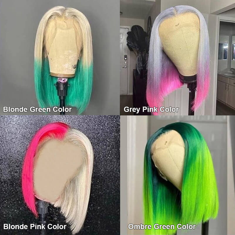 Ombre Grey Pink Human Hair Wigs For Women Green Color Short Bob Wig Brazilian Remy Blonde Lace Front Wig Bob Lace Closure Wig