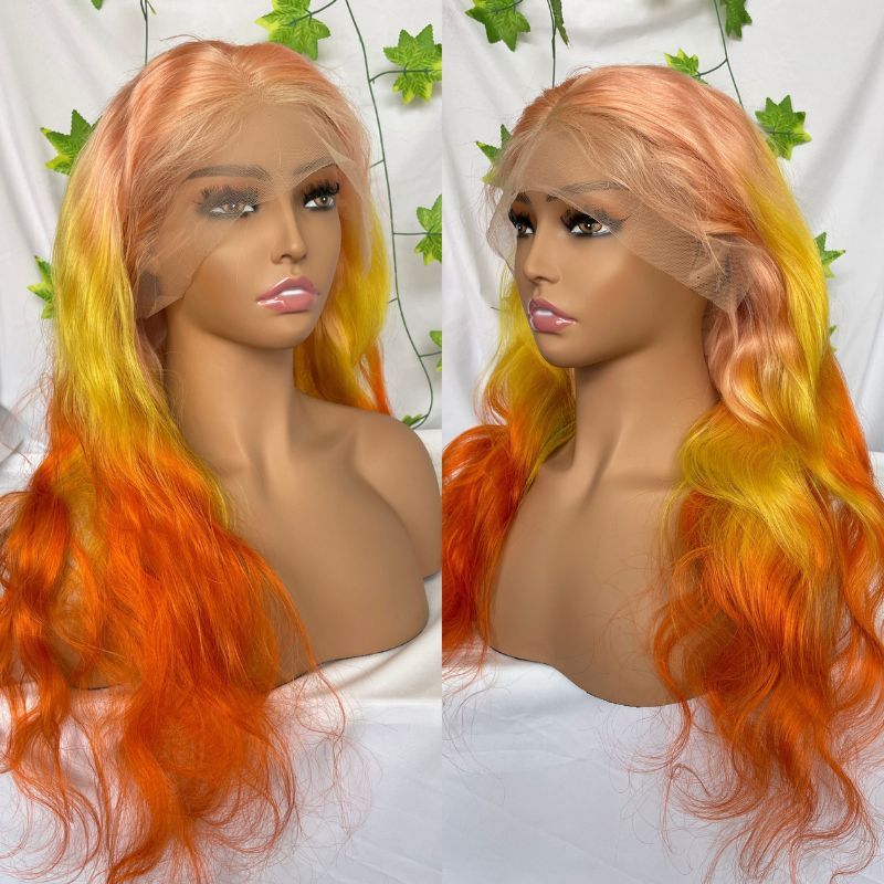 Omber Pink Yellow Orangered Human Virgin Hair Pre Plucked Lace Front Wig For Black Woman