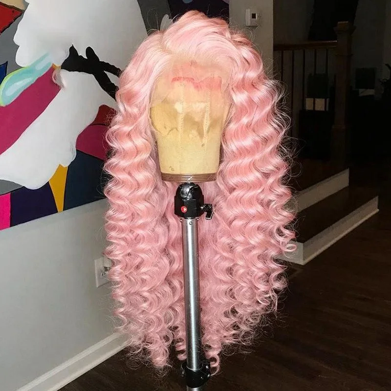 Pink Color Culry Human Hair Wig Remy Brazilian Colored Wigs For Women Deep Curly Lace Front Wig Transparent Lace Wigs