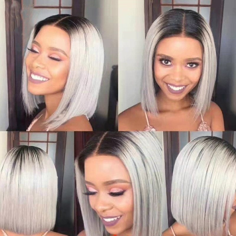 Ombre Grey Human Hair Wig Straight Long Wig Brazilian Remy 1B Grey Bob Wig Ombre Colored Human Hair Wigs For Women Pre Plucked