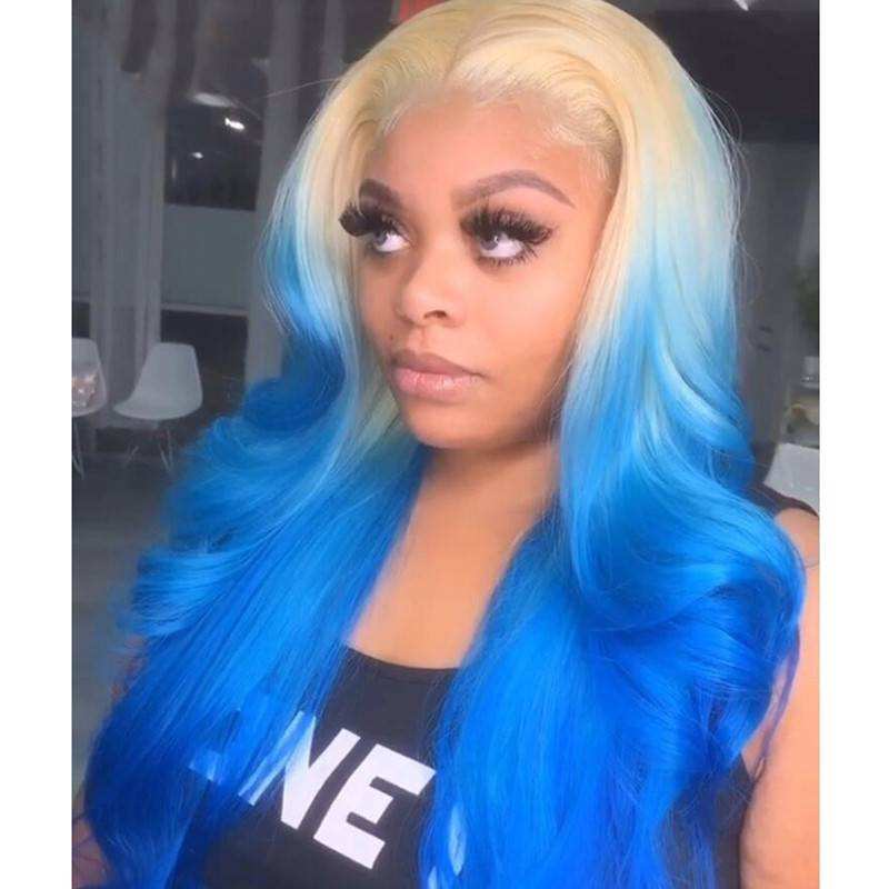 Ombre Blonde Lace Front Wig Human Hair Body Wave Wig Brazilian Remy Blonde Blue Colored Human Hair Wigs For Women Pre Plucked
