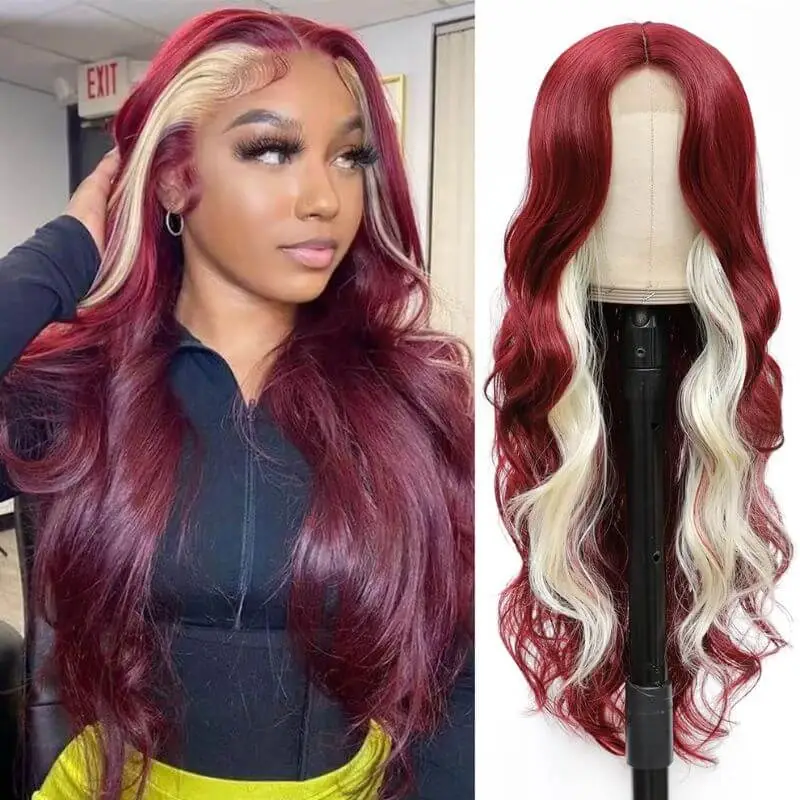 Ombre Wigs Skunk Stripe Lace Front Wig Long Wavy Human Hair Wigs for Black Women Highlight Wavy Wig  Wavy Lace Front Wig Natural Looking Replacement Wigs (Burgundy Mixed Blonde)