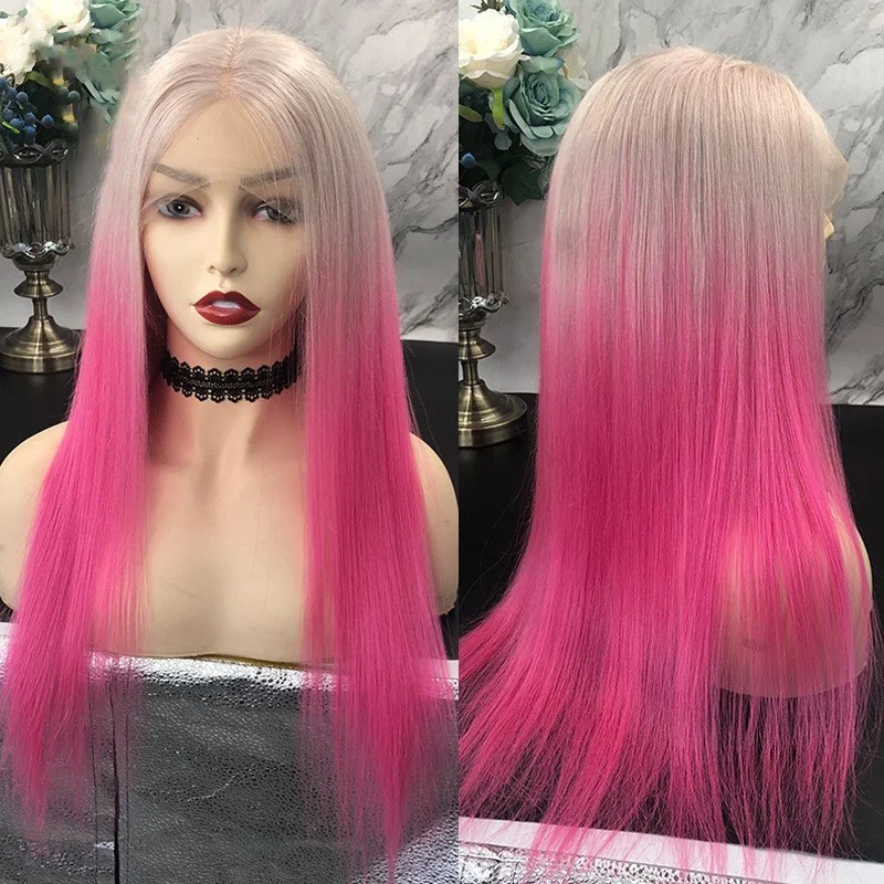 Ombre Pink Colored Human Hair Wigs For Women T 60 Pink Straight Lace Front Wig Brazilian Remy Transparent Lace Wigs Pre Plucked