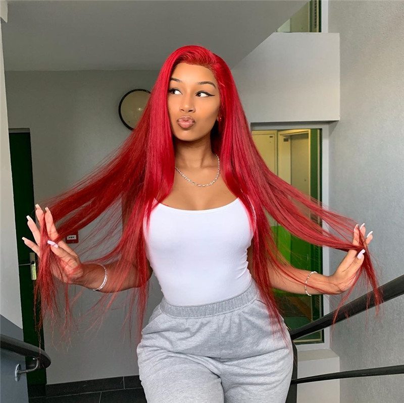 Red Long Straight Lace Front Wigs Brazilian Virgin Human Hair Glueless Pre Plucked Lace Front