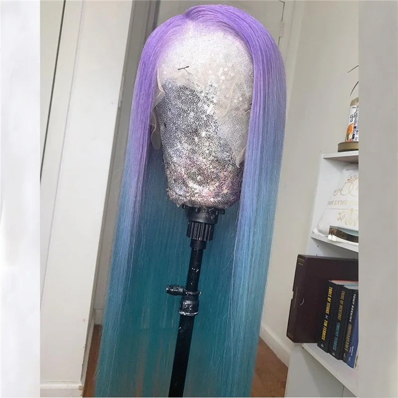 Blue Short Lace Front Human Hair Wigs Brazilian Straight Remy Ombre Bob Wig Ombre Blue Colored Lace Front Wigs