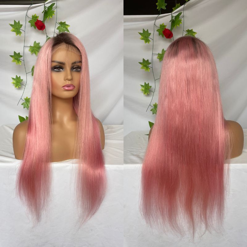 Ombre Wigs Straight Pink With Brown Roots 13x4 Lace Front Wigs Virgin 100% Cambodian Human Hair Wig for Women 150% Density