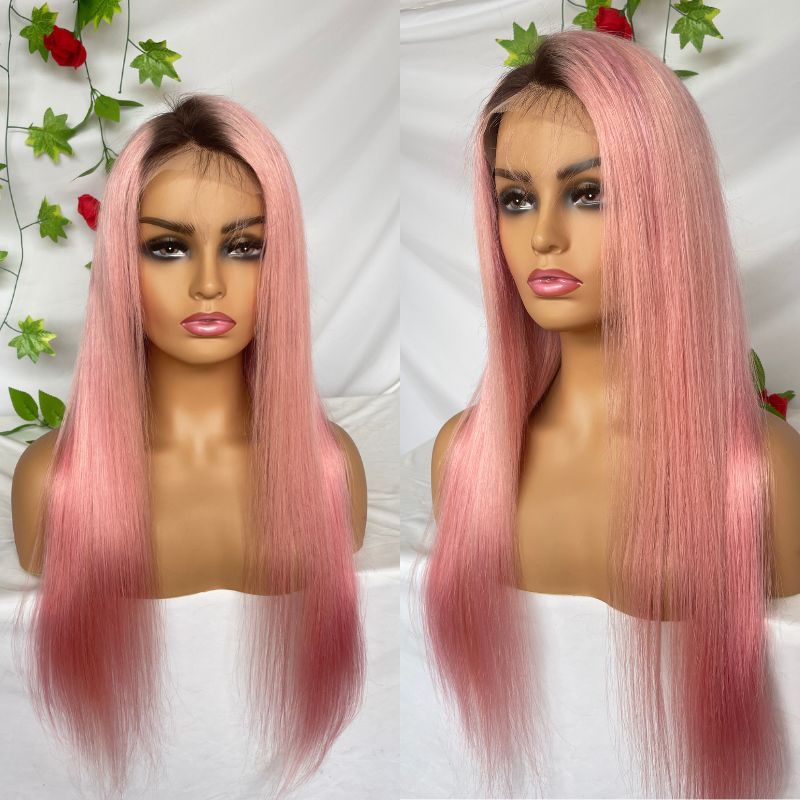 Ombre Wigs Straight Pink With Brown Roots 13x4 Lace Front Wigs Virgin 100% Cambodian Human Hair Wig for Women 150% Density