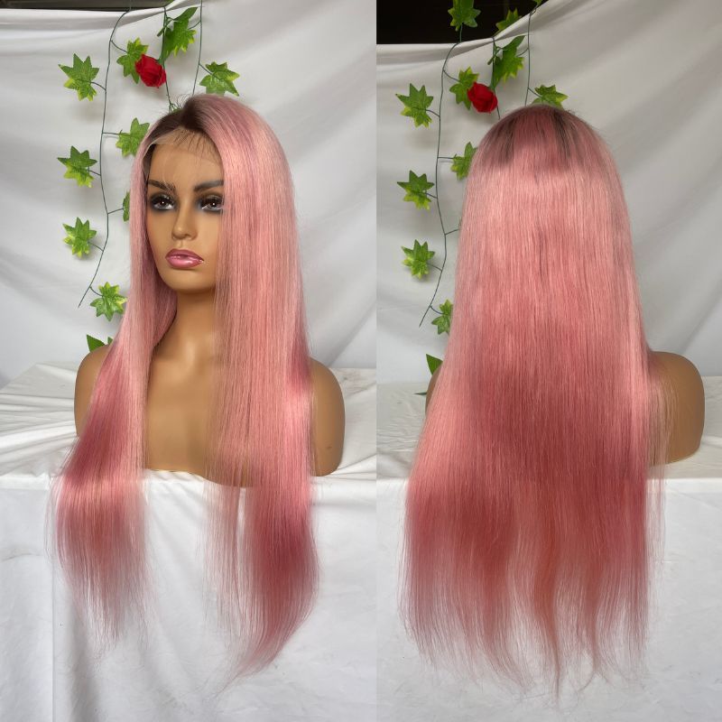 Ombre Wigs Straight Pink With Brown Roots 13x4 Lace Front Wigs Virgin 100% Cambodian Human Hair Wig for Women 150% Density