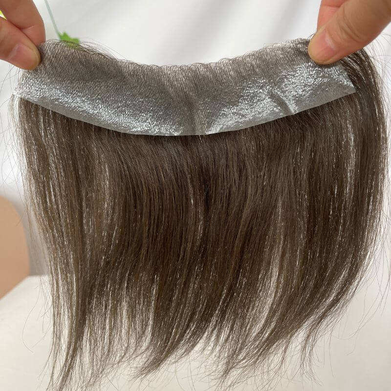 Men's PU Human Hair Hairline 100% Real Human Hair V Loop Frontal Toupee Pu Thin Skin Male Replacement 4# Brown Color
