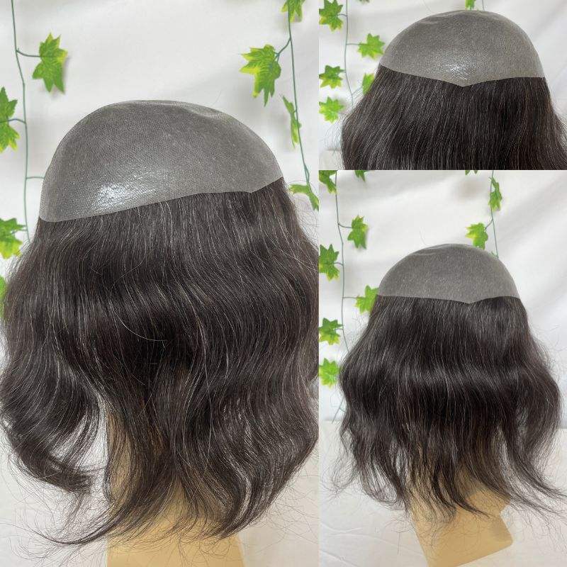 12 Inch Long Toupee for Men European Virgin Human Hair 1B 20 ( 80% Human Natural Black Hair Mixed with 20% Synthetic Gray Hair) V-loop Super  Full PU Skin Base Hair System