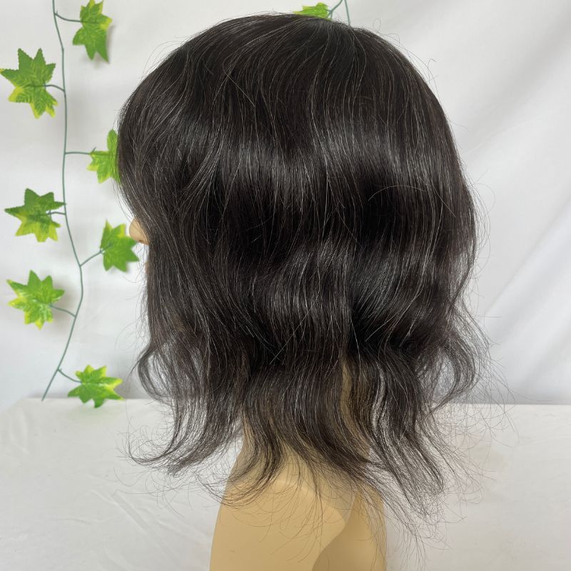 12 Inch Long Toupee for Men European Virgin Human Hair 1B 20 ( 80% Human Natural Black Hair Mixed with 20% Synthetic Gray Hair) V-loop Super  Full PU Skin Base Hair System