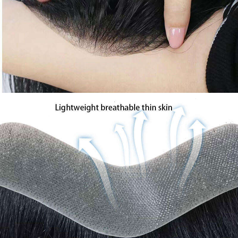 Men's PU Human Hair Hairline 100% Real Human Hair V Loop Frontal Toupee Pu Thin Skin Male Replacement 4# Brown Color