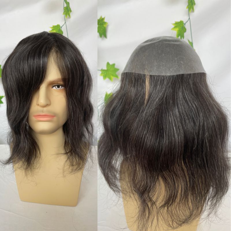 12 Inch Long Toupee for Men European Virgin Human Hair 1B 20 ( 80% Human Natural Black Hair Mixed with 20% Synthetic Gray Hair) V-loop Super  Full PU Skin Base Hair System