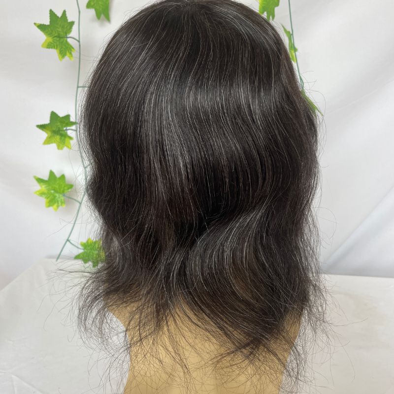 12 Inch Long Toupee for Men European Virgin Human Hair 1B 20 ( 80% Human Natural Black Hair Mixed with 20% Synthetic Gray Hair) V-loop Super  Full PU Skin Base Hair System