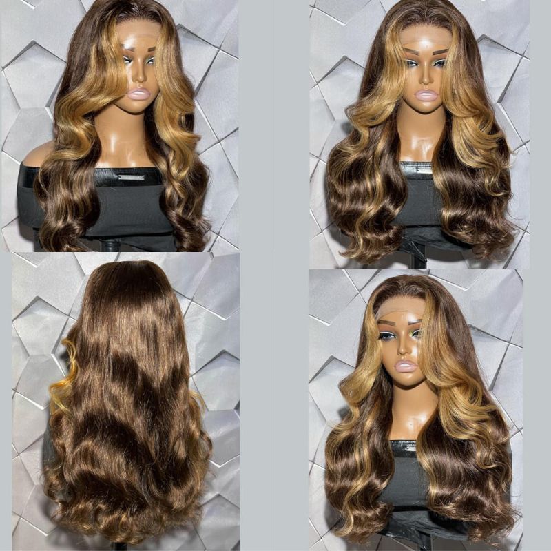 Highlight  Ombre Honey Blonde Human Hair Wigs For Women 12A Cambodian Hair Lace Frontal Wigs with Baby Hair Body Wave