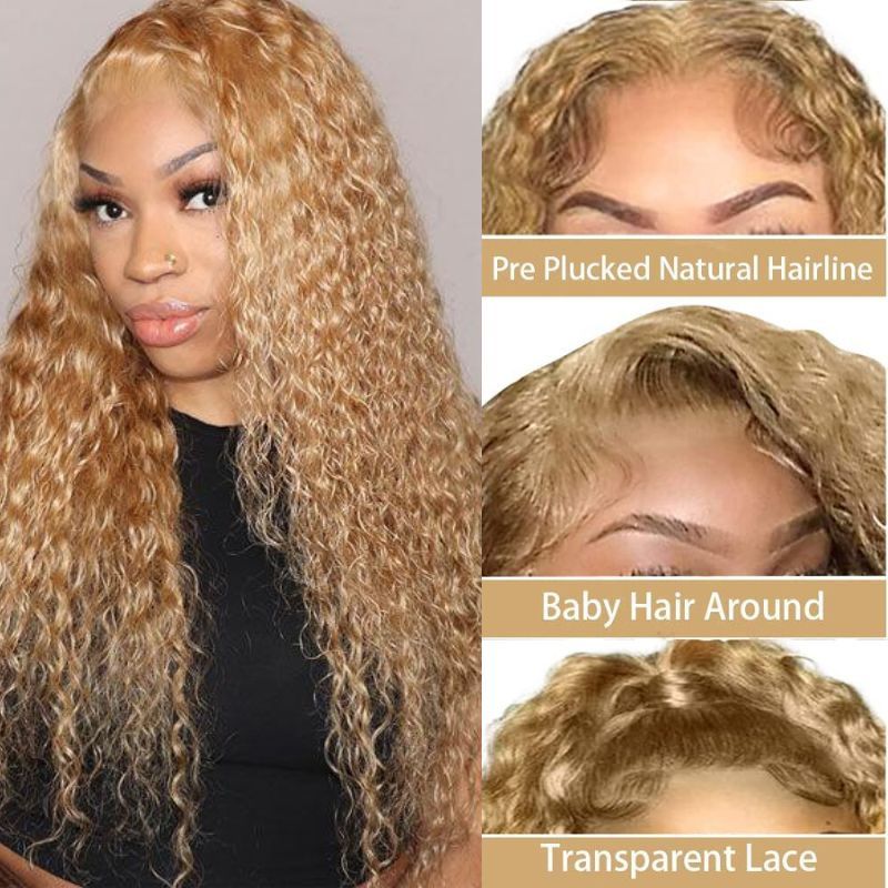 Colored Human Virgin Hair Pre Plucked Ombre #27 Honey  Blonde Loose Curl 13x4 Lace Front Wig And 13x4 Lace Front Wig For Black Woman #27 Color