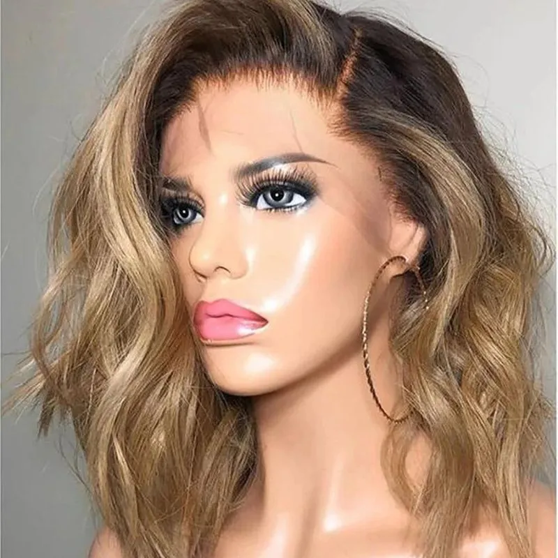 Ombre  Colored Brown with Blonde Human Hair Wigs Straight Brazilian Remy Transparent Lace Wigs For Women Pre Plucked