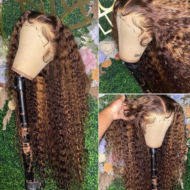 Ombre  Brown Highlight 13x4 Lace Frontal Wigs 180 Density Brazilian Human Hair Wigs Kinky Curly Colored Lace Front Human Hair Wigs