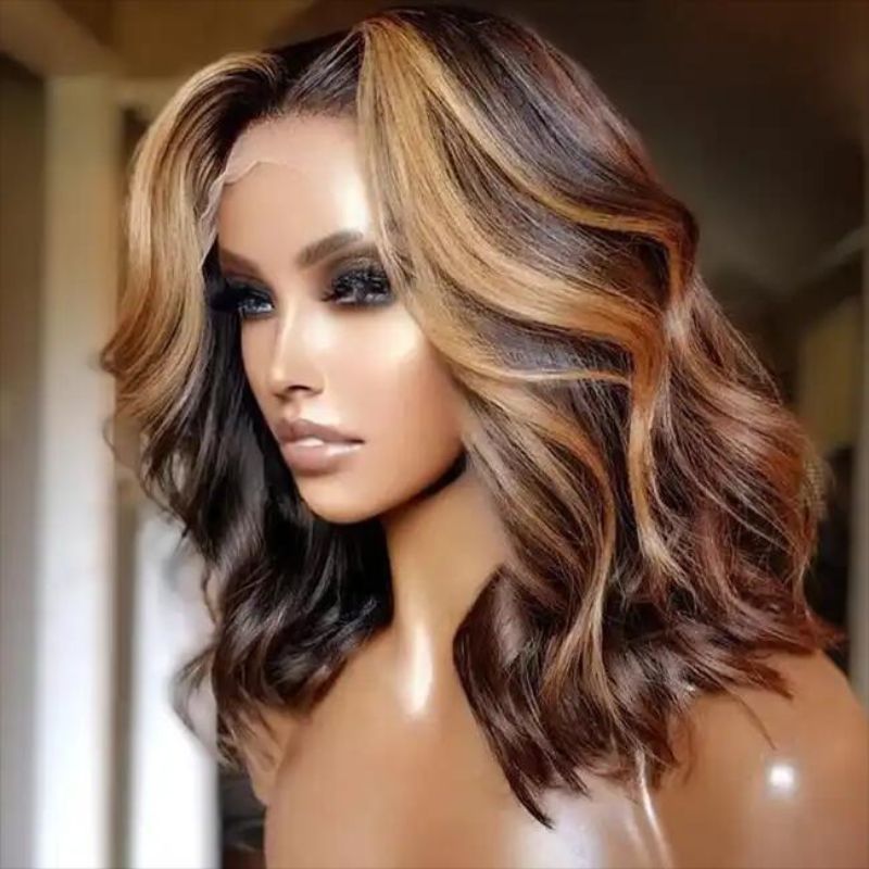 Ombre  Colored Brown with Blonde Human Hair Wigs Straight Brazilian Remy Transparent Lace Wigs For Women Pre Plucked