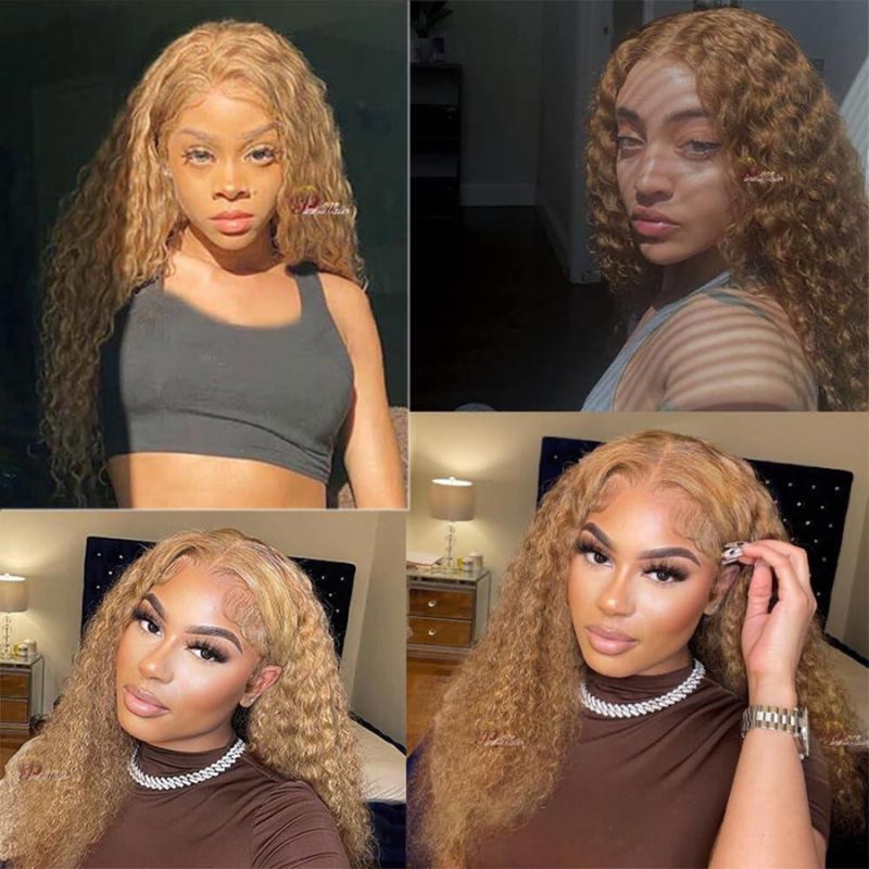 Colored Human Virgin Hair Pre Plucked Ombre #27 Honey  Blonde Loose Curl 13x4 Lace Front Wig And 13x4 Lace Front Wig For Black Woman #27 Color