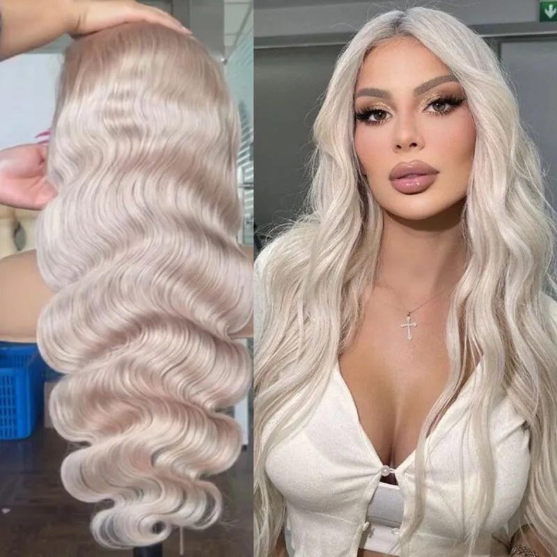 100%  Human Hair Wigs European Hair White Gold Body Wave Grey Color  Lace Front Wigs Pre Plucked with Baby Hair  For Black Woman