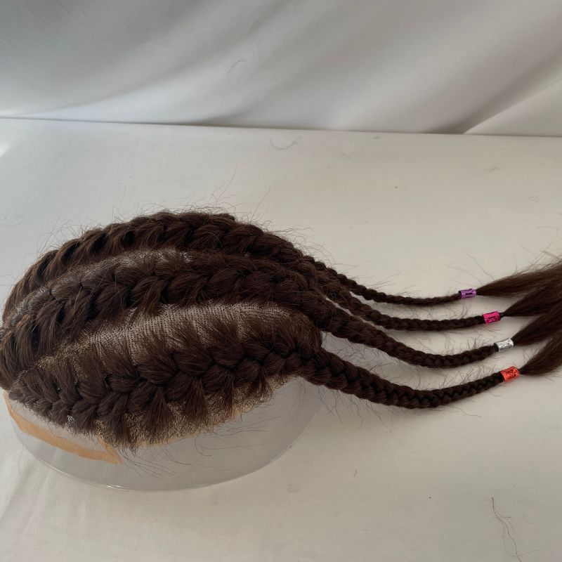 Four Braids Wigs Double Braids Afro Toupee for Men 3# Brown Color Think Skin Mono Base with PU 100% Human Hair Hairpieces Human Hair Mens Toupee Hair System Replacement