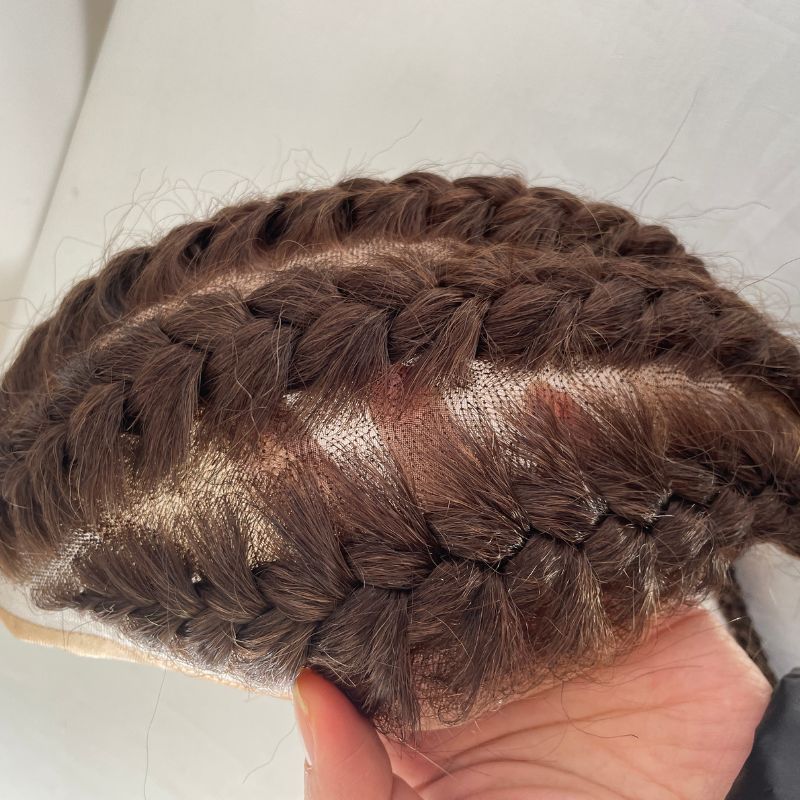 Four Braids Wigs Double Braids Afro Toupee for Men 3# Brown Color Think Skin Mono Base with PU 100% Human Hair Hairpieces Human Hair Mens Toupee Hair System Replacement