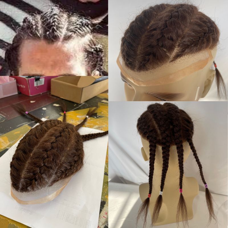 Four Braids Wigs Double Braids Afro Toupee for Men 3# Brown Color Think Skin Mono Base with PU 100% Human Hair Hairpieces Human Hair Mens Toupee Hair System Replacement