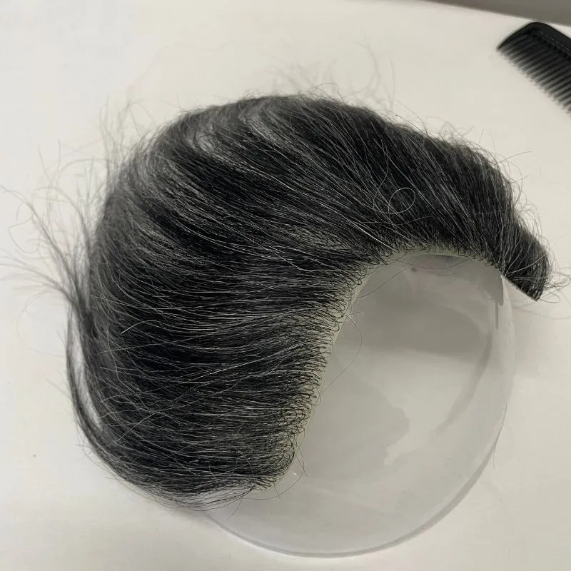 Men's PU Human Hair Hairline 100% Real Human Hair V Loop Frontal Toupee Pu Thin Skin Male Replacement 1b20# Natural Color Mixed 20% Grey Color
