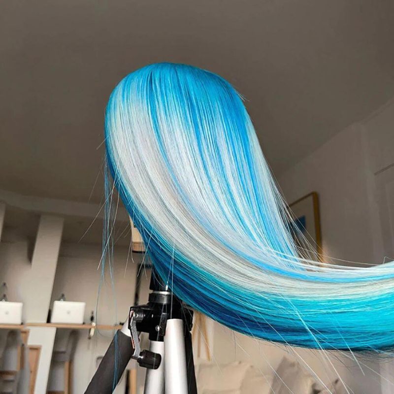 Blue Ombre Wig 100% Real Human Hair White Hair With Blue Highlights Wigs 100% Human Hair Ombre Colored Lace Front Wig