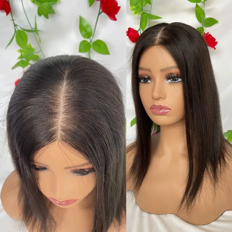 13x15cm Silk Base16inches Length Skin Topper Real Human Hair 4 Clips In Hair Topper Virgin Hairpiece Natural Black For Women