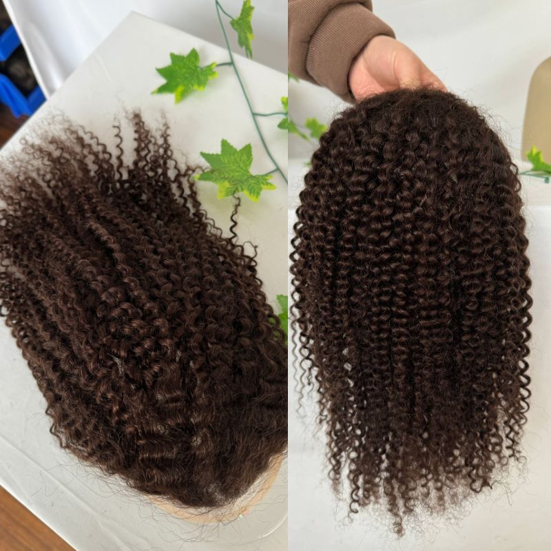 12" Long Kinky Curly Men's Human Hair Replacement for Men Stock Toupee Mono Lace and PU Around with Lace Front 10"x8" Base Size 3# Brown Color