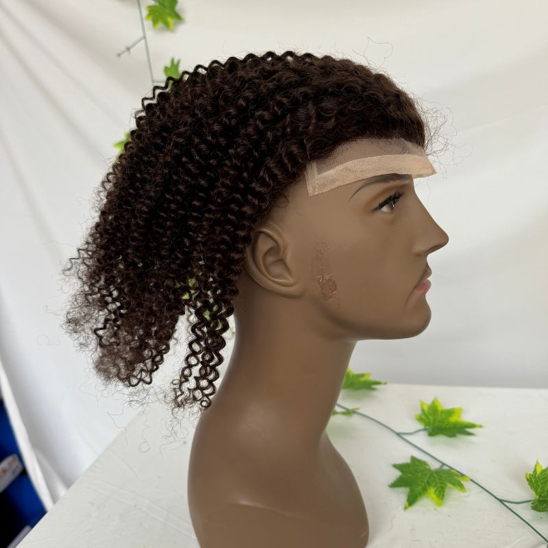 12" Long Kinky Curly Men's Human Hair Replacement for Men Stock Toupee Mono Lace and PU Around with Lace Front 10"x8" Base Size 3# Brown Color