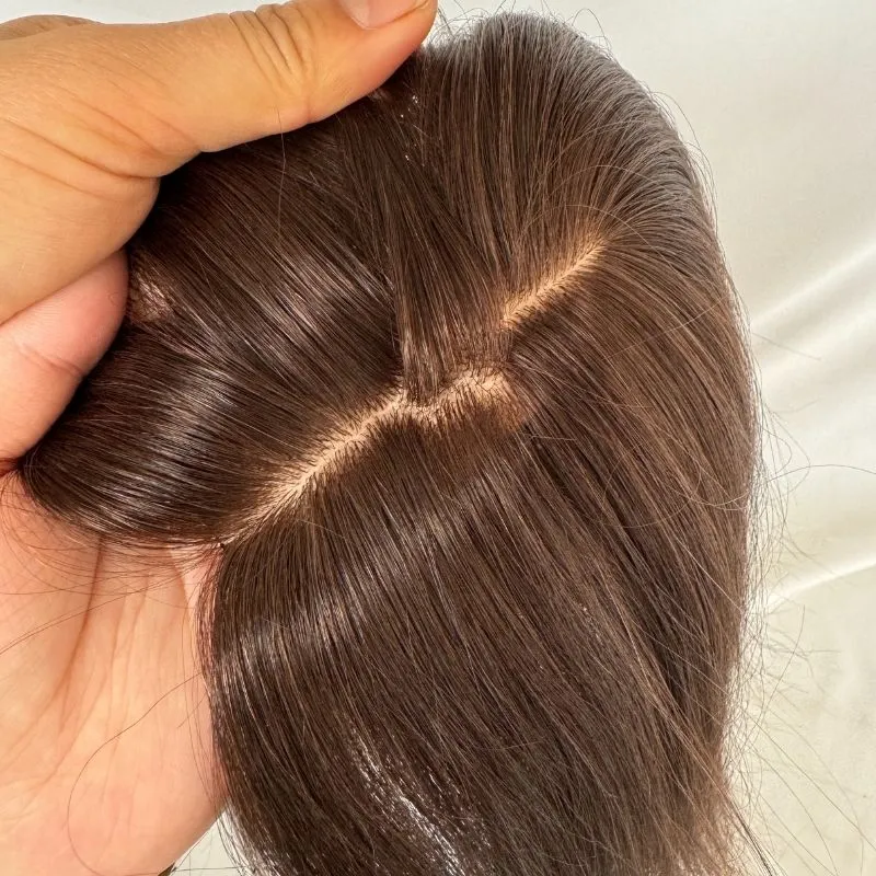 7 x13CM Silk Base Closure Brown Women Toupee Hair Toppers 100% Human Thinning Hairpieces Clip in Remy Hair System 12 Inch