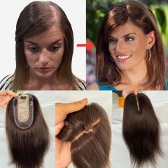 7 x13CM Silk Base Closure Brown Women Toupee Hair Toppers 100% Human Thinning Hairpieces Clip in Remy Hair System 12 Inch