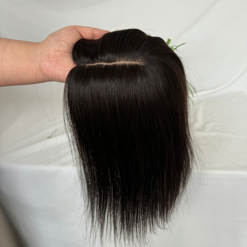 7 x13CM Silk Base Closure Natural Black Women Toupee Hair Toppers 100% Human Thinning Hairpieces Clip in Remy Hair System Black