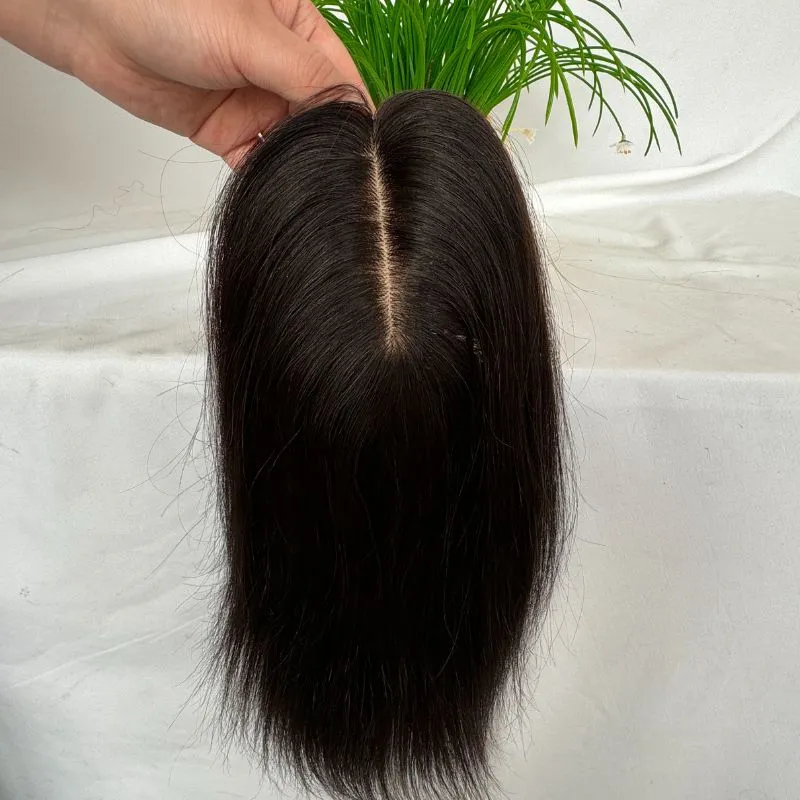 7 x13CM Silk Base Closure Natural Black Women Toupee Hair Toppers 100% Human Thinning Hairpieces Clip in Remy Hair System Black
