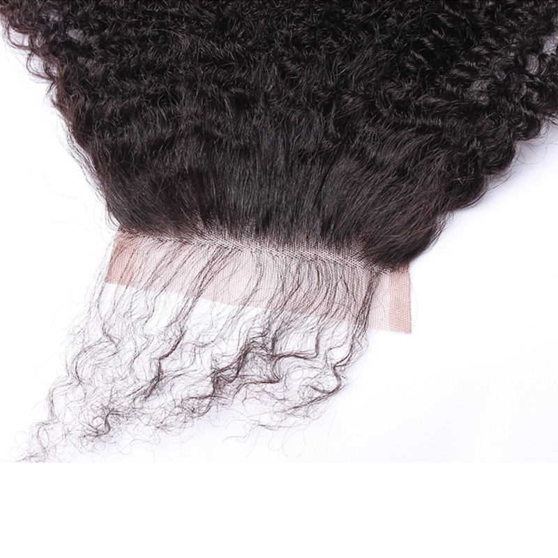 Eseewigs Afro Kinky Curly Silk Based Closure 4x4 Silk Base Lace Human Hair Top Full Closure Piece Bleached Knots Free Part Brazilian Remy Hair 18inch Natural Black