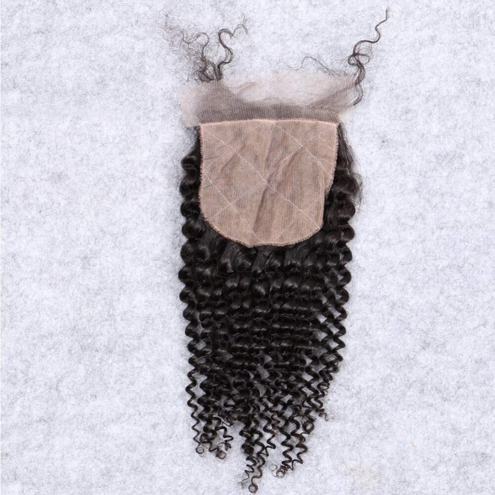 Eseewigs Afro Kinky Curly Silk Based Closure 4x4 Silk Base Lace Human Hair Top Full Closure Piece Bleached Knots Free Part Brazilian Remy Hair 18inch Natural Black