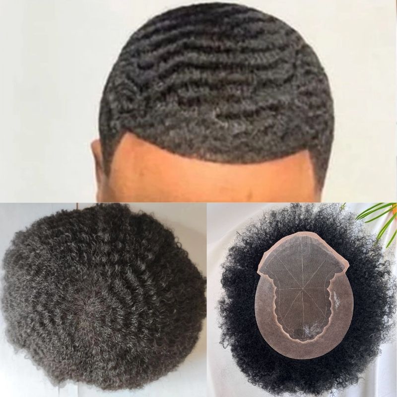 360 Wave Afro Kinky Curly 100% Human Hair Toupee For  African American Men Black Color 10X8 Inch Q6 Hair System