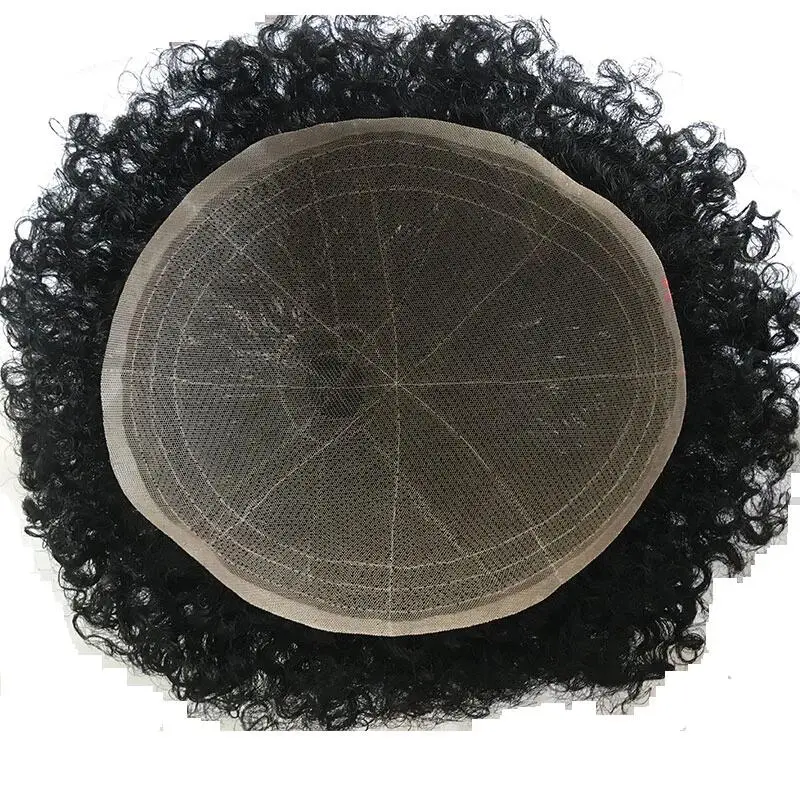 360 Wave Afro Kinky Curly 100% Human Hair Toupee For  African American Men Black Color 10X8 Inch Q6 Hair System