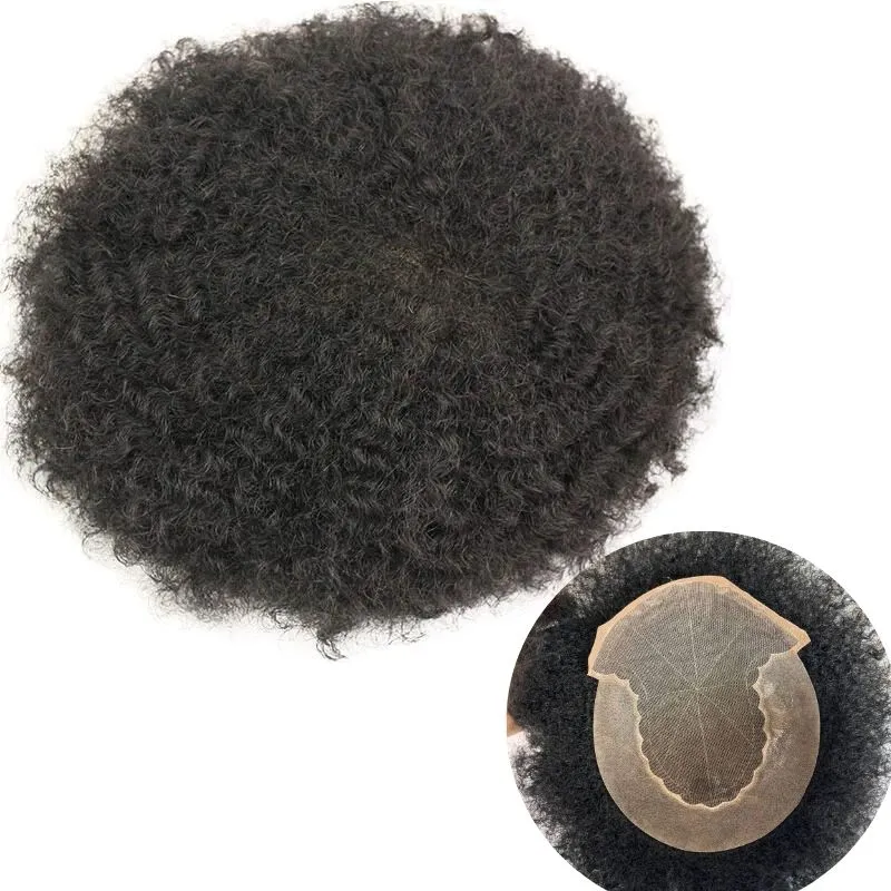 360 Wave Afro Kinky Curly 100% Human Hair Toupee For  African American Men Black Color 10X8 Inch Q6 Hair System
