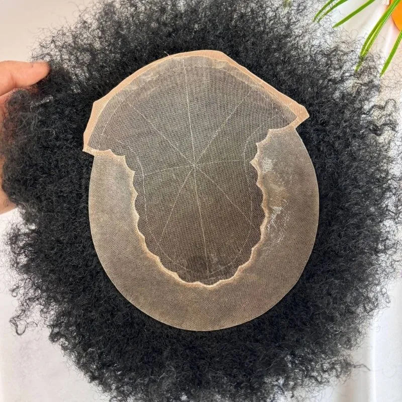 360 Wave Afro Kinky Curly 100% Human Hair Toupee For  African American Men Black Color 10X8 Inch Q6 Hair System