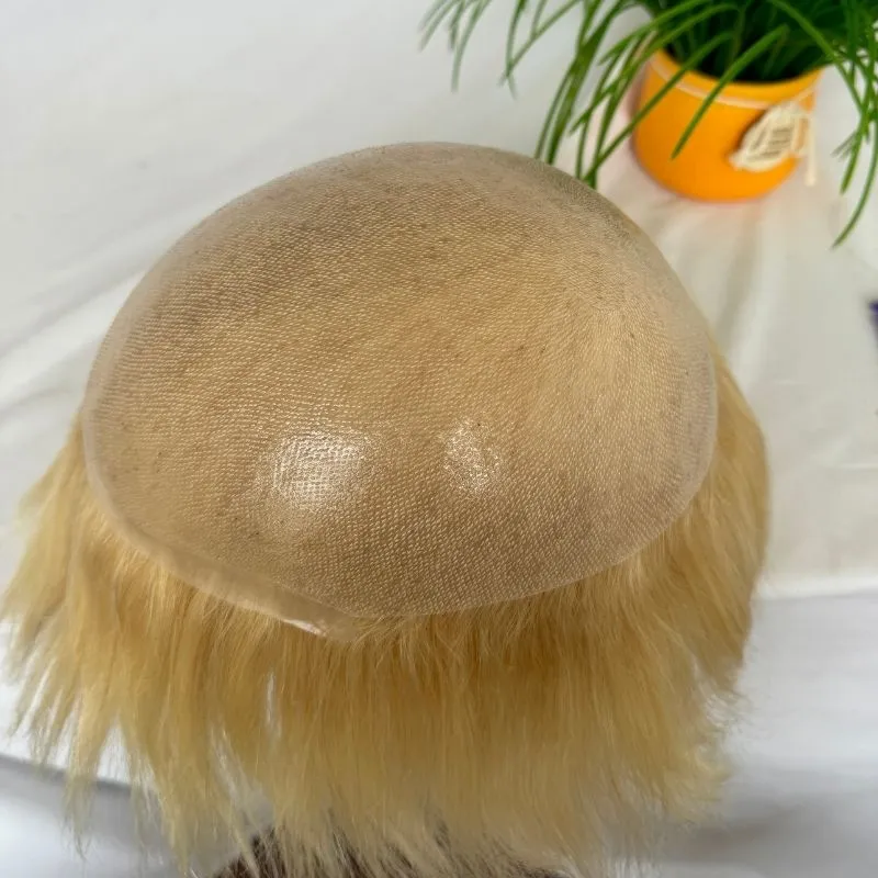 Ultra Thin Skin Cap Base Toupee 100% Human Hair 8X10“ Hairpiece Replacement For Men #613 Blonde Color Hair System
